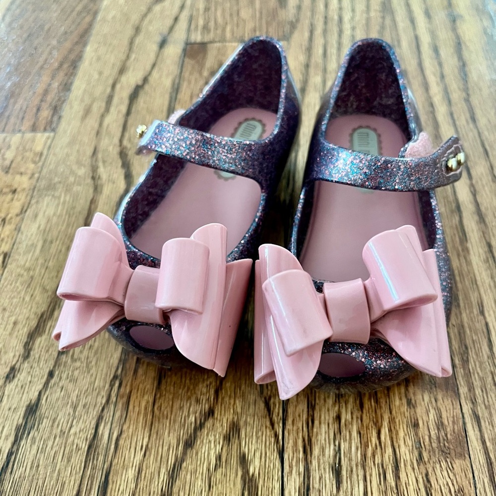 Mini Melissa Ballerina Flats Pink and Purple Glitter with Bow. Toddler Size 5.